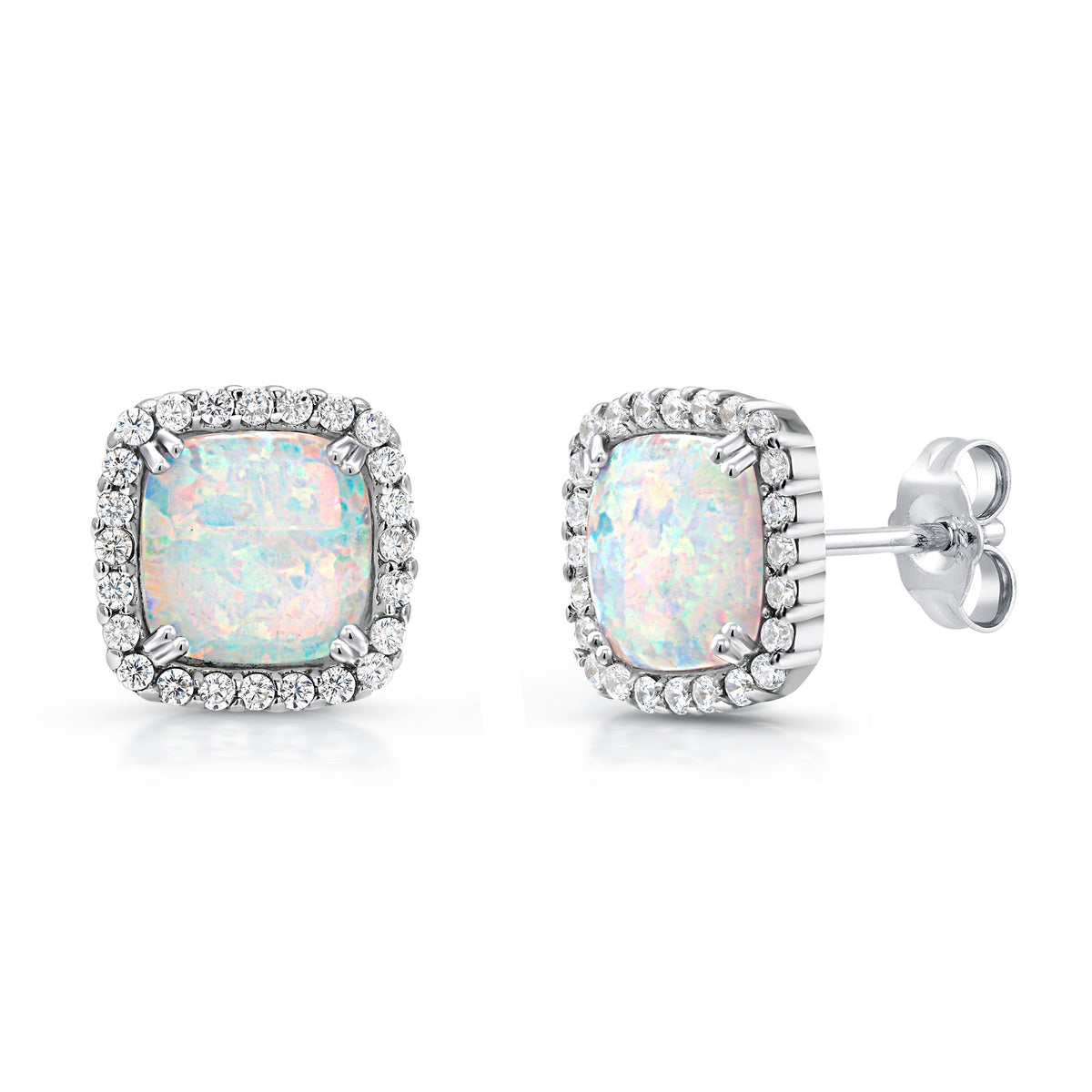 Sterling Silver Synthetic Opal Jewelry Set - Square Solitaire Necklace & Stud Earrings Gift Set - View #3
