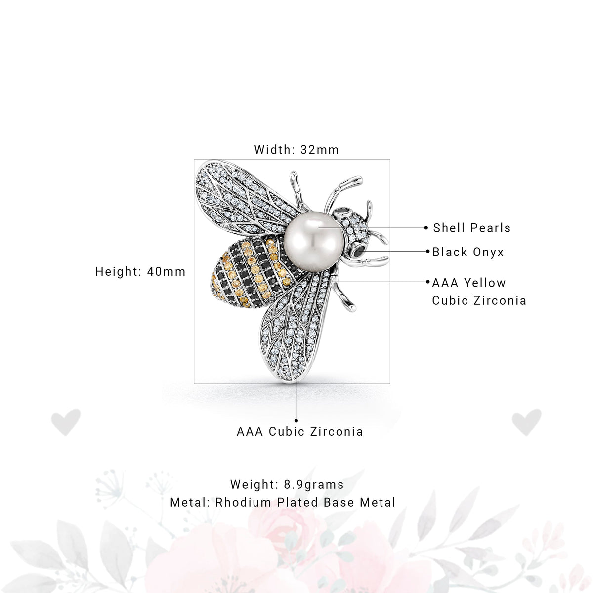 Honey Bee Rhodium Plated Pearl Brooch With Black Onyx and