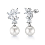 Load image into Gallery viewer, Pearl Marquise CZ Flower Bridal Dangle Earrings, Pearl CZ Earrings, Pearl Flower Design Earrings, Cz Earrings, Push Back Drop Earrings
