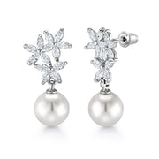Pearl Marquise CZ Flower Bridal Dangle Earrings, Pearl CZ Earrings, Pearl Flower Design Earrings, Cz Earrings, Push Back Drop Earrings