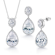 Pear and Oval CZ Halo Pendant Set- 16+2 Inch Chain, Halo Pendant Set, Cz Pendant And Earrings Set, Water Drop Pendant Set, Rain Drop Pendant