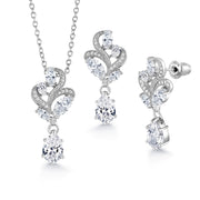 Teardrop and Marquise CZ Flower Design Halo Pendant Set - 18+2 Inch Chain, Water Drop Flower Design Pendant Set, Cz Earrings And Pendant Set