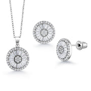 Embellished Round Halo Pendant Earrings Set - 16+2 Inch Chain, Round Disc CZ Pendant Sets, Multi Shape Cz Pendant Sets, Brass Pendant Sets