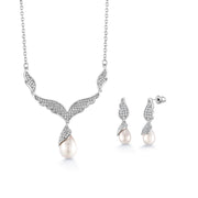 Genuine Freshwater Pearl Angel Wings Earrings Necklace Set -16 Inch, pave necklace, angle wings necklace set, pearl necklace, necklace set
