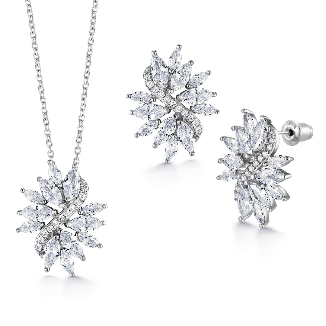 Marquise CZ Floral Pendant Earring Set 16+2 Inch Chain, Flower Design Jewelry Set, Marquise Cz Pendant Set, Brass Pendant Set, Cz Set