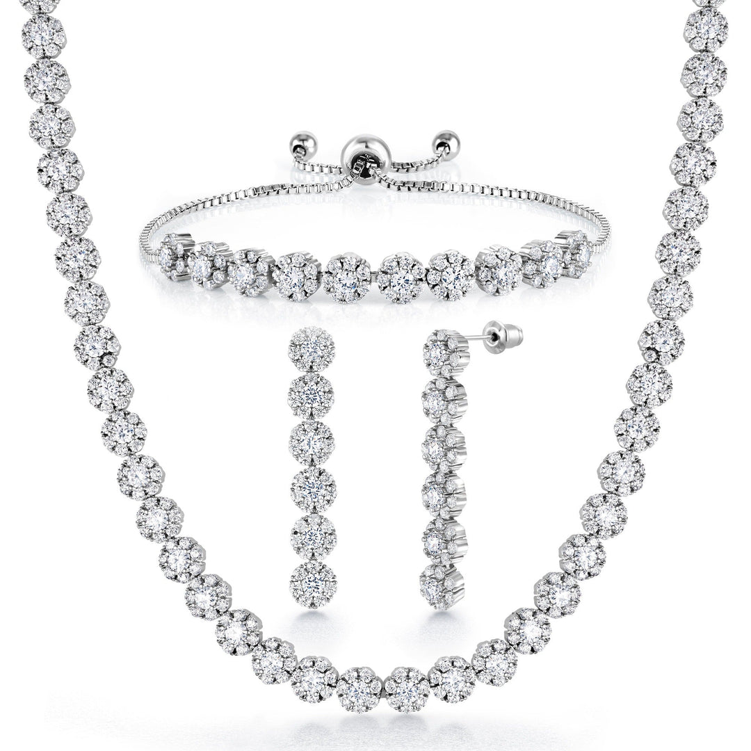 Rhodium Plated With Round Cz Halo Earrings Bracelet Necklace Set, Cz Halo Necklace Set, Brass Necklace With Rodhium Plated, Halo Necklace