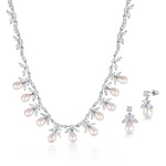 Load image into Gallery viewer, Elegant Genuine Freshwater Pearl Marquise CZ Earrings Necklace Wedding Set- 17 Inch Length, Pearl Marquise Bridal CZ Jewelry Set
