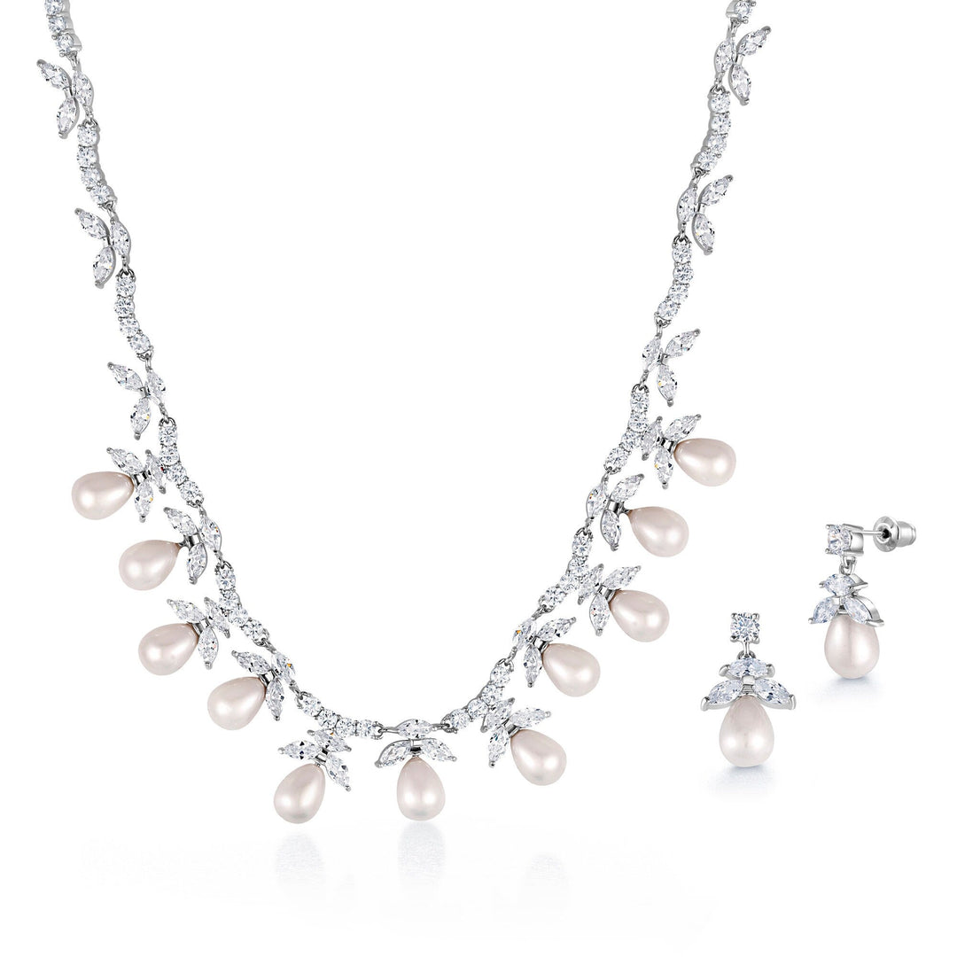 Elegant Genuine Freshwater Pearl Marquise CZ Earrings Necklace Wedding Set- 17 Inch Length, Pearl Marquise Bridal CZ Jewelry Set