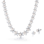 Elegant Pearl Tennis CZ Necklace Earrings Wedding Set- 17 Inch, Pearl Marquise Bridal CZ Jewelry Set, Wedding Pearl Jewelry Set, Bridal Set