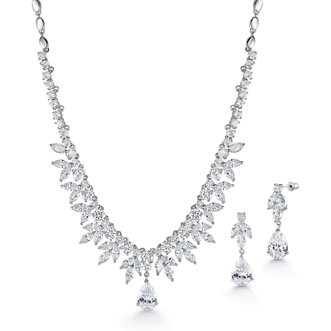 Elegant Rhodium Plated Teardrop CZ Wedding Necklace Set - 15 Inch Length, Teardrop Bridal CZ Jewelry Set, Brass Wedding Jewelry Set