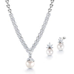 Load image into Gallery viewer, Pearl and Marquise CZ Rhodium Plated Tennis Necklace Earrings Wedding Set- 16 Inch, Pearl Necklace Earring Bridal Jewelry Set, Wedding Set
