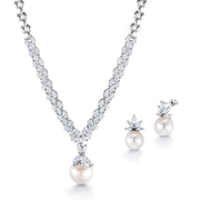 Pearl and Marquise CZ Rhodium Plated Tennis Necklace Earrings Wedding Set- 16 Inch, Pearl Necklace Earring Bridal Jewelry Set, Wedding Set