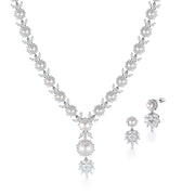 Elegant Pearl Halo Earring Necklace Wedding Set with Marquise and Round CZ,  Pearl Halo Earring Necklace Set, Pearl Halo Bridal Jewelry Set