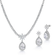 Multi Shape CZ Earrings Necklace Set - 16 Inch Length, Flower Design Necklace Set, Teardrop CZ Jewelry Set, Teardrop Brass Jewelry Set