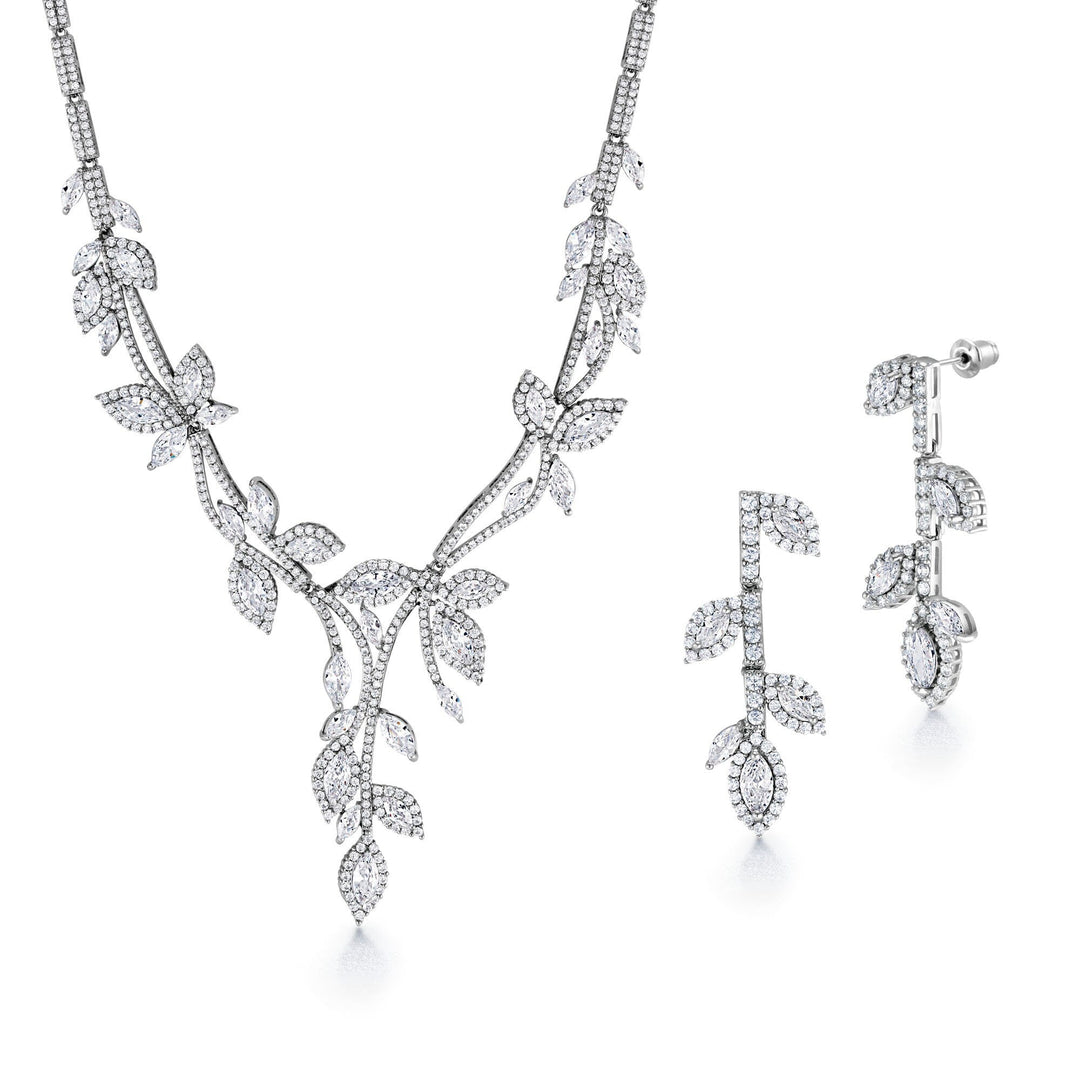 Marquise CZ Leaf Design Necklace Set- 17 Inch Length, Multi Shape CZ Wedding Necklace Set, Brass Necklace Set, Leaf Necklace Set