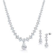 Pear And Round Shape AAA Cubic Zirconia Necklace Set- 16 Inch Length, Tennis Necklace Set, Teardrop Earrings, Brass Wedding Necklace Set