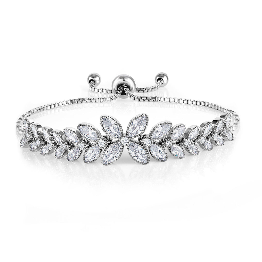 Marquise CZ Rhodium Plated Clover Tennis Bracelet--Extend Upto 9 Inches, Clover Marquise CZ Bracelet, Best Gift for Brides and Braidesmaid