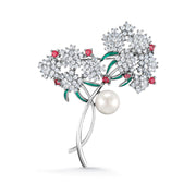 Rhodium Plated AAA Cubic Zirconia Pearl Flowers Brooch Pins