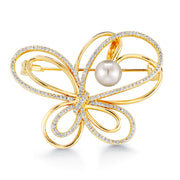 Pearl Butterfly Shaped Yellow Gold Plated Brooch Pins with AAA Cubic Zirconia