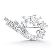 Flower Pearl Rhodimu Plated Brooch Pins With AAA Cubic Zirconia
