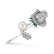 Rose Flower Rhodium Plated Pearl Brooch Pins with AAA Cubic Zirconia, Pearl Brooch, Cubic Zirconia Brooch, Flower Brooch, Cz Rose Brooch