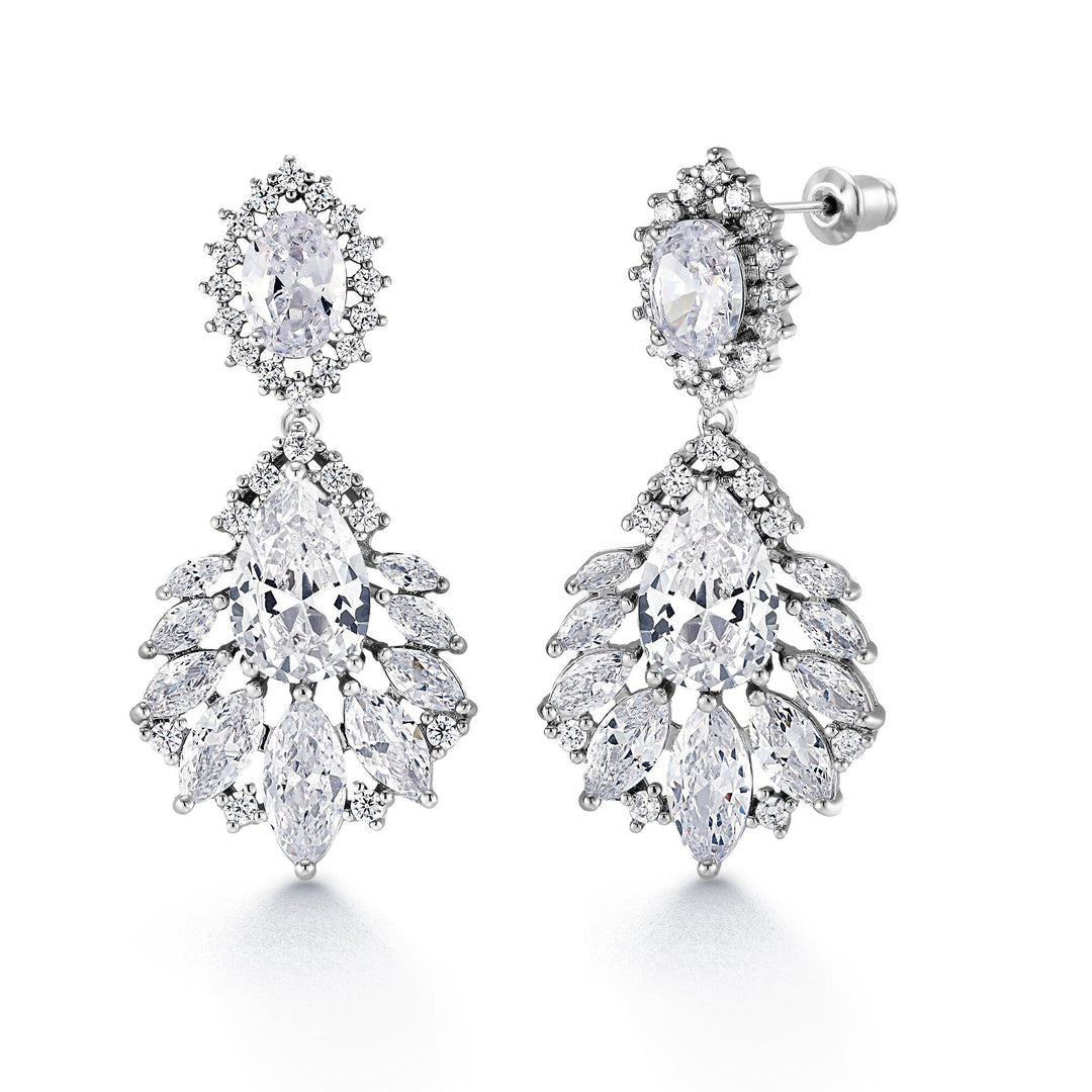 Wedding Multi Shape CZ Dangle Earrings, Teardrop Earrings, Push Back Drop Earrings, Flower Shape Cz Earrings, Halo Earrings, Dangle Earrings
