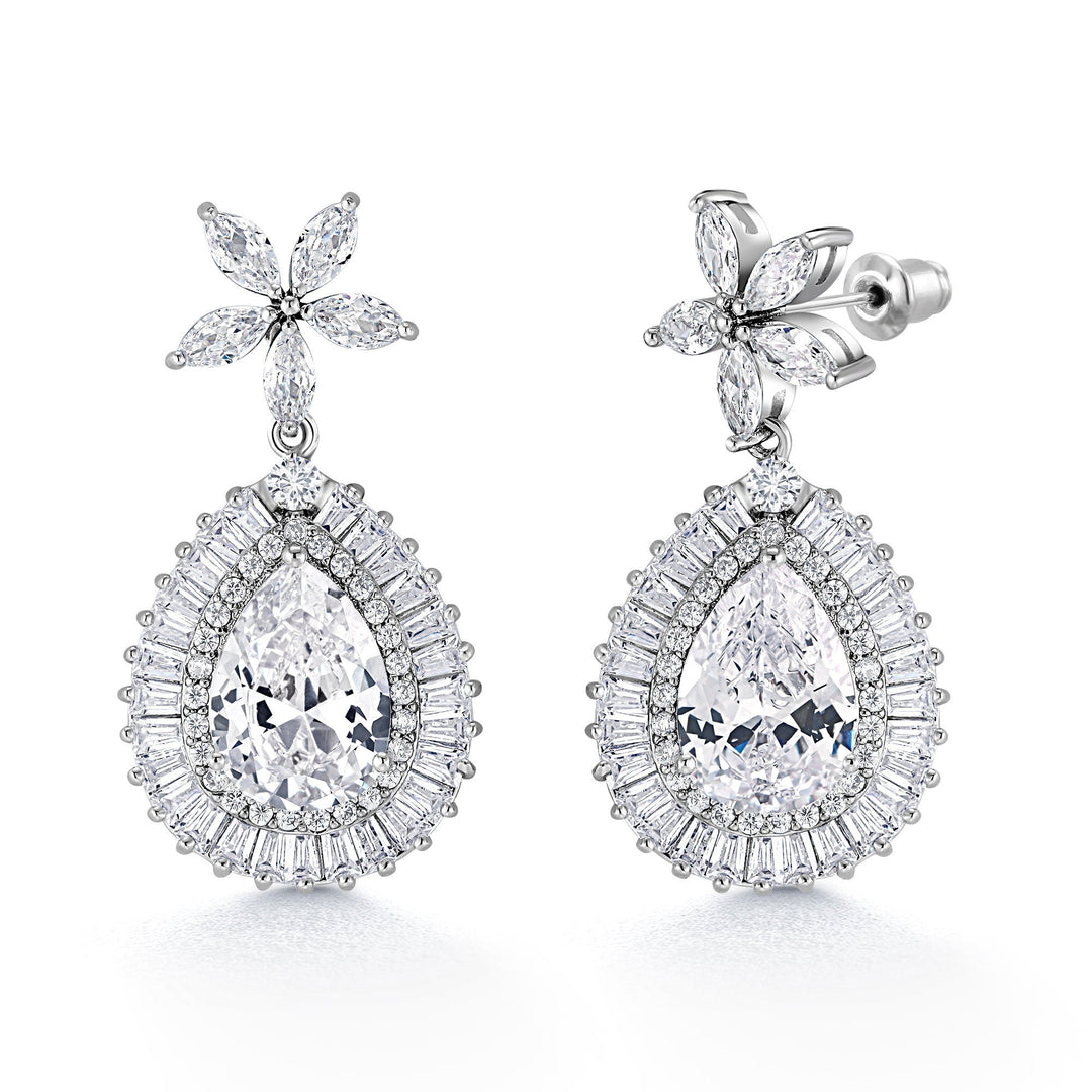 Pear Shape Bridal Flower Dangle Halo Earrings, CZ Halo Earrings, Elegant Bridal CZ Earrings, Best Earrings for Brides and Braidesmaid