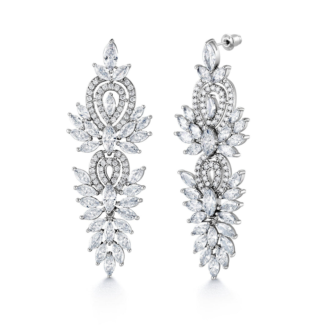Victorian Style Lace Filigree Marquise and Round CZ Vintage Twin Dangle Earrings,  Lace Filigree CZ Bridal Earrings, Wedding CZ Earrings