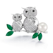 Pearl Couple Owl Brooch Pins With AAA Cubic Zirconia and Black Onyx in Micro Pave Setting