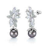 Load image into Gallery viewer, Black Pearl Marquise CZ Flower Design Wedding Dangle Earrings,  Pearl Earrings, Black Pearl CZ Earrings, Bridal Pearl Earrings, Cz Earring
