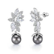 Black Pearl Marquise CZ Flower Design Wedding Dangle Earrings,  Pearl Earrings, Black Pearl CZ Earrings, Bridal Pearl Earrings, Cz Earring