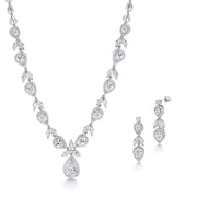 Pear Shape Design HaloWedding Earrings Necklace Set- 16 Inch, Multi Shape Cz necklace, Wedding Floral Design Necklace set, Brass Necklace