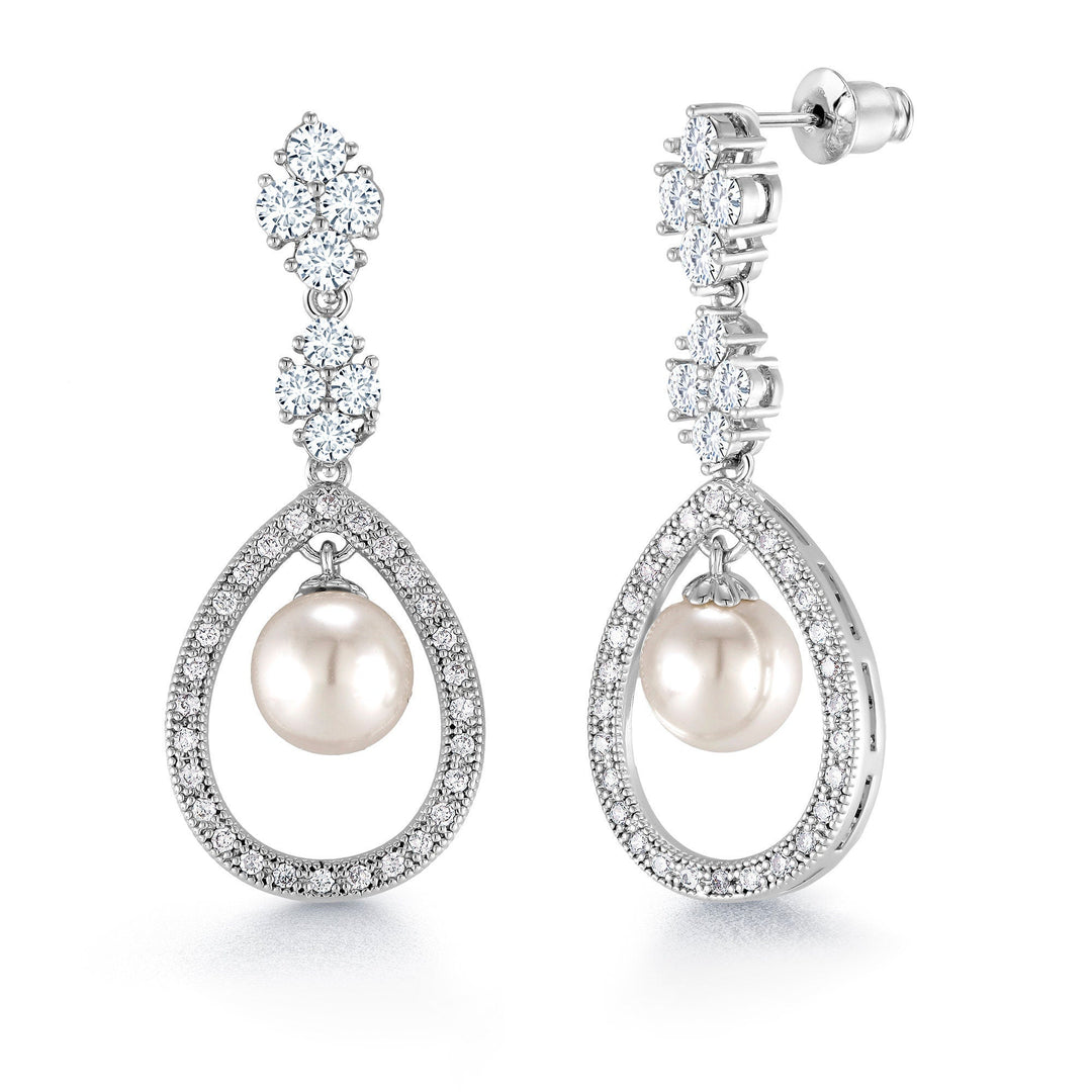 Pearl Dangle Earrings, CZ Drop Earrings, Pearl Bridal Earrings, Pearl And CZ Dangle Earrings, Pearl Earrings,Push Back Drop Earring