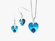 925 Sterling Silver Blue Swarovski Crystal Heart Pendant Set, Bermuda Blue Crystal Pendant Set, Silver Heart Pendant And Earring Set