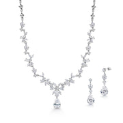 Pear and Marquise Shape CZ Rhodium Plated Flower Earrings Necklace Wedding Set- 17 Inch, Teardrop Wedding Jewelry Set, Bridal Jewelry Set