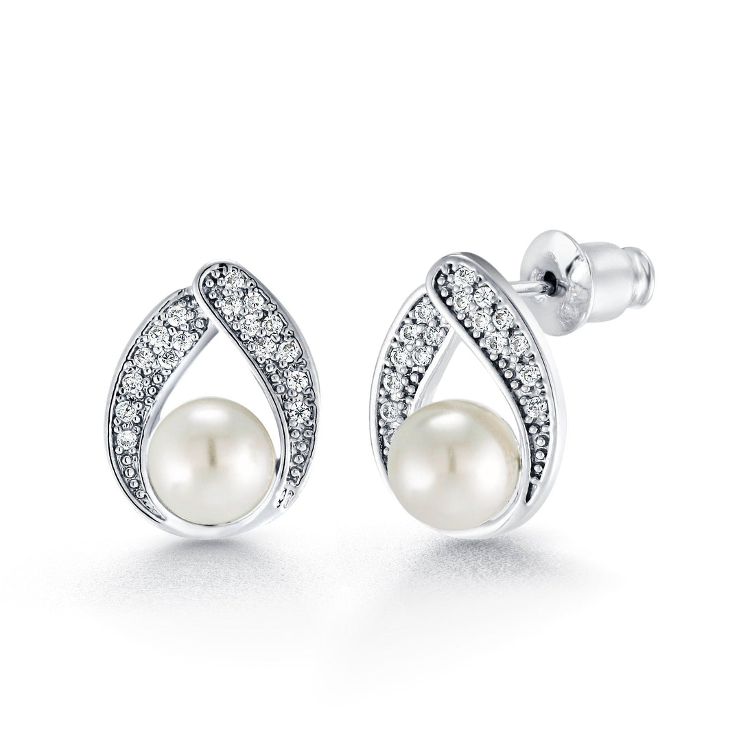 Pearl And Cz Studs Earrings, Pear Shape Cz Studs Earrings, Tear Drop Shape Earrings, Push Back Studs Earrings, Water Drop Style Earrings