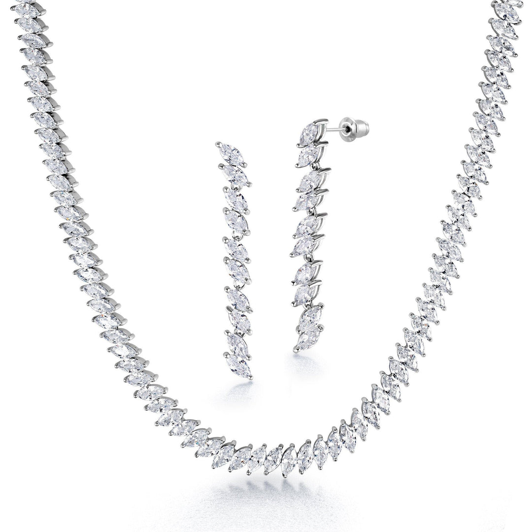 Elegant Marquise CZ Long Tennis Earring Necklace Wedding Set - 16 Inch, Marquise Jewerly Set,  Marquise Tennis Bridal Jewelry Set