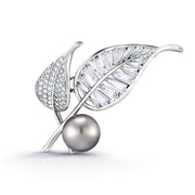 Leaf Shaped Rhodium Plated Black Pearl Brooch Pins with AAA Cubic Zirconia, Leaf Brooch, Cubic Zirconia Brooch, Black Pearl Brooch