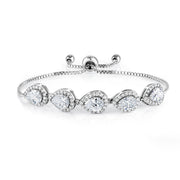 Pear Shape Cubic Zirconia Rhodium Plated Eternity Halo Tennis Bracelet, Bridal Teardrop Halo Bracelet, Best Gift for Brides and Braidesmaid