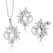 Ivory Pearls and Marquise CZ Pendant Earring Set- 16+2 Inch Chain, Best for Brides, Bridesmaids & Mother of the Bride, Bridal Jewelry Set