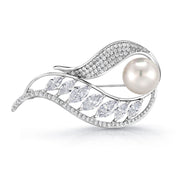 Marquise AAA Cubic Zirconia Rhodium Plated Leaf Pearl Brooch, Pear Shape Brooch, Pearl Brooch, Cubic Zirconia Brooch, Marquise Cz Brooch