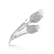 Tulip Flowers Rhodium Plated Pearl Brooch Pins with AAA Cubic Zirconia