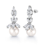 Load image into Gallery viewer, Bridal Pearl Rhodium Plated long Design Dangle CZ Earrings, Marquise Pearl Cz Earring, Cz Earring,Flower Shape Marquise Earring
