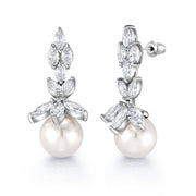 Bridal Pearl Rhodium Plated long Design Dangle CZ Earrings, Marquise Pearl Cz Earring, Cz Earring,Flower Shape Marquise Earring