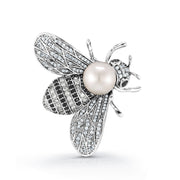 Honey Bee Rhodium Plated Pearl Brooch With Black Onyx and White And Yellow AAA Cz, Bee Broach, Cz Honey Bee Broach, Insect Jewelry
