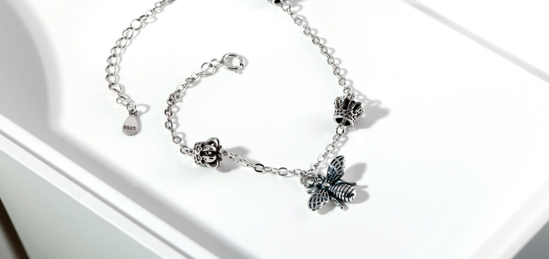 925 Sterling Silver Bee Bracelet, Bee Bracelet, Bee cable chain Bracelet,Bee crown Bracelet, Crown Jewelry, Insect Jewelry