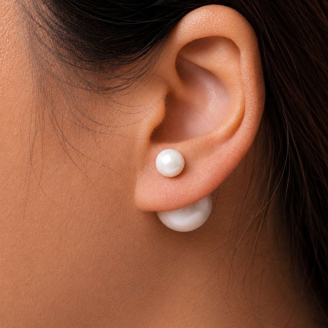 925 Sterling Silver round pearl stud earrings are shiny and gorgeous, White Round Pearl Studs, Imitation Double Pearl Stud Earrings, Gift Pearl Jewelry