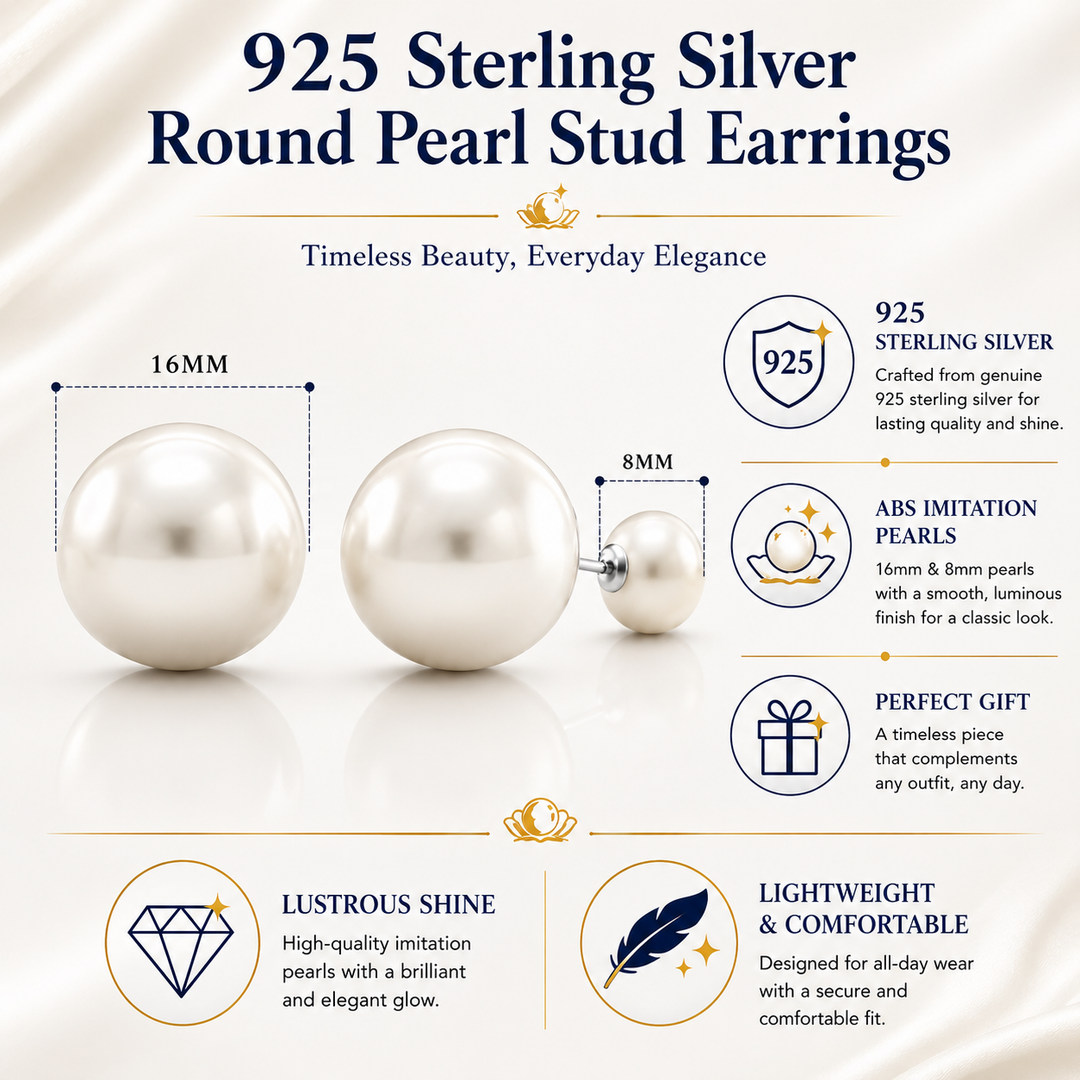 925 Sterling Silver round pearl stud earrings are shiny and gorgeous, White Round Pearl Studs, Imitation Double Pearl Stud Earrings, Gift Pearl Jewelry