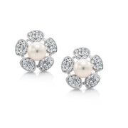 925 Sterling Silver Pearl Studs Earrings, Flower Studs, Cz And Pearl Studs, Silver Flower Studs, Pave Studs Earrings, Cz Flower Studs