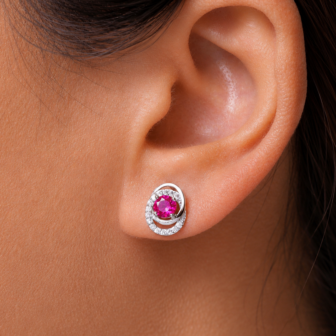 925 Sterling Silver Round CZ Red Swirl Design Studs Earring, Red CZ Studs, Red Zirconia Studs, Garnet Jewelry, January Birthstone Jewelry